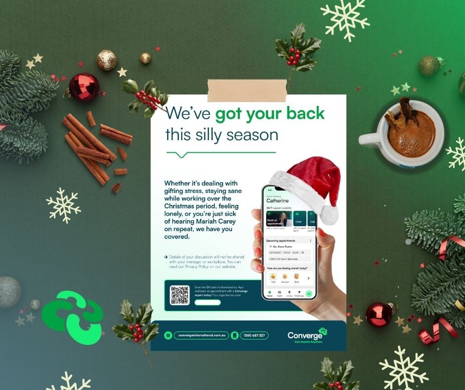 Converge festive season wellbeing posters reminding employees that EAP support is available 24/7 during the holidays.