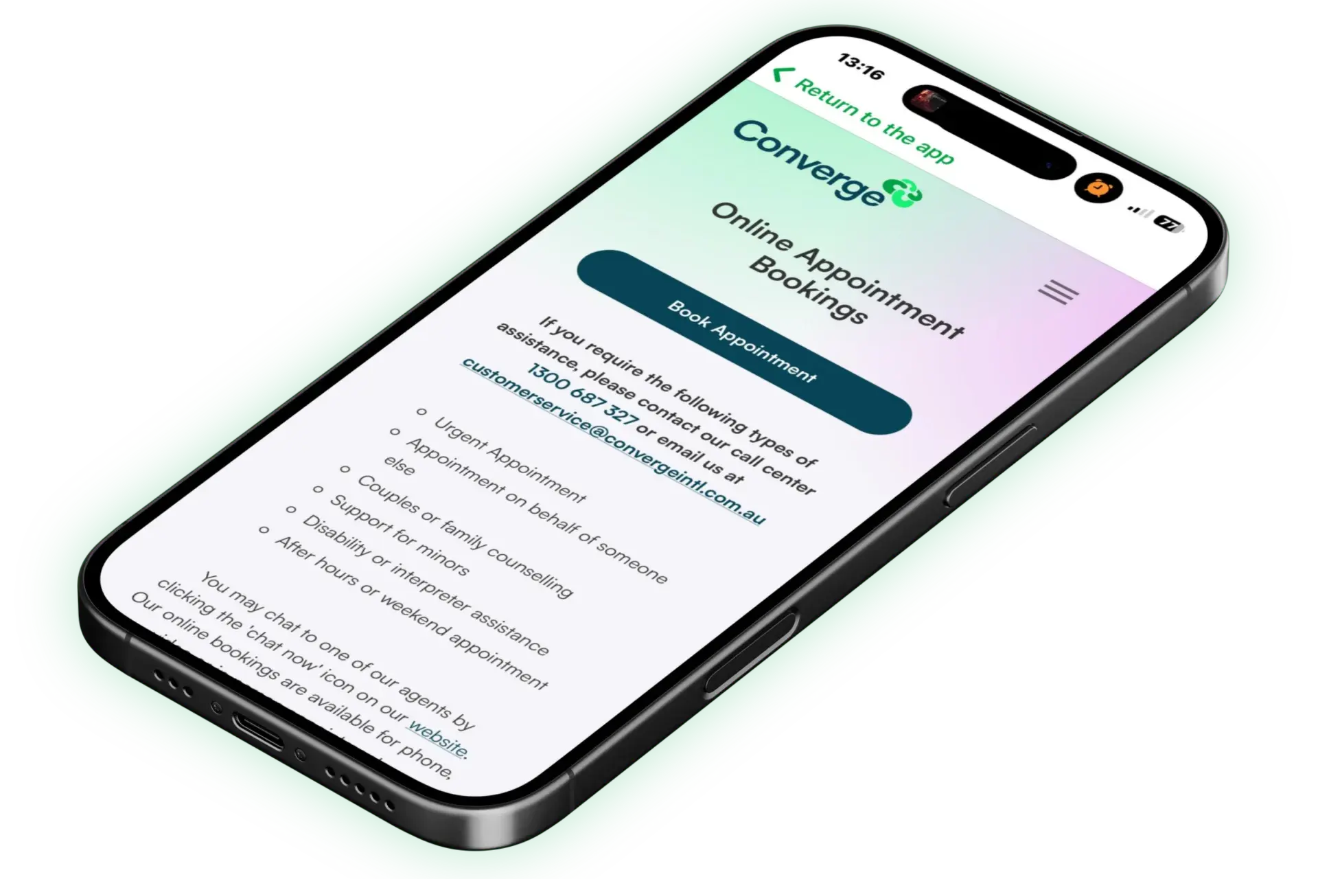 Online booking and live chat in the Converge App